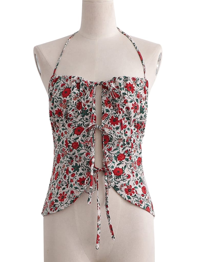 Women Floral Print Halter Camisole top with front Lace detail