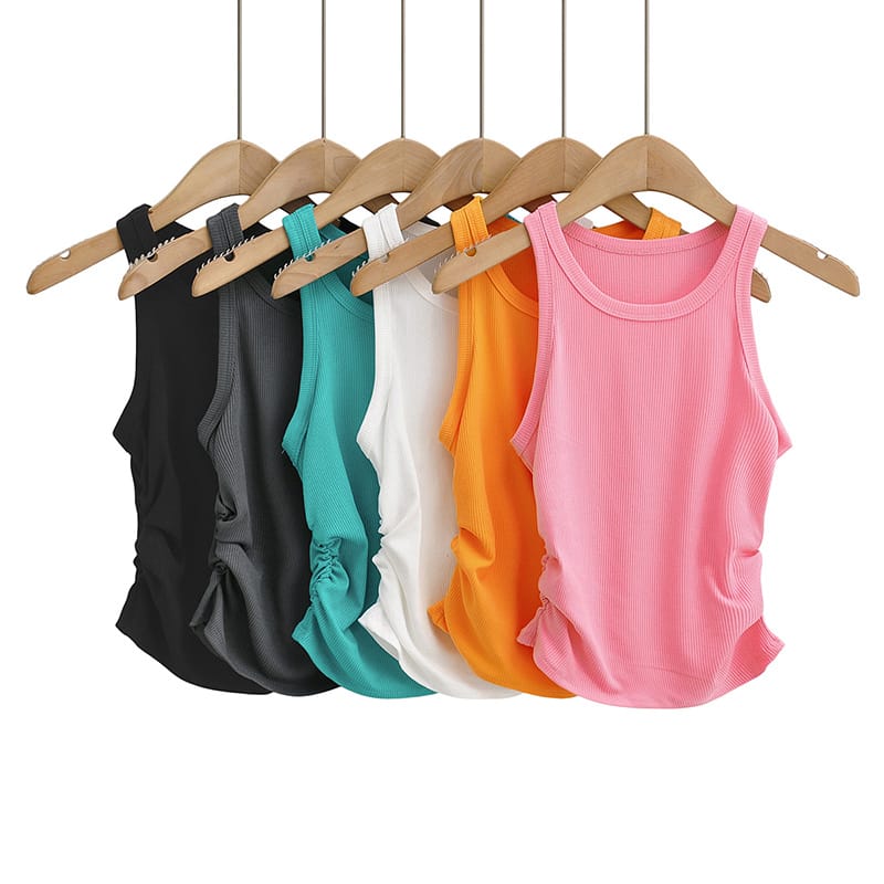 Women Round Neck Ribbed Crop Tank top with Ruched side detail