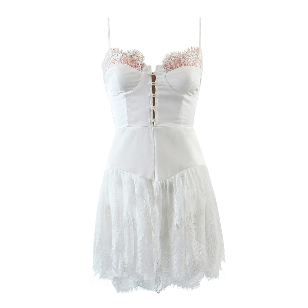 Women Solid White Cami Strap Pleated Hem Corset Style Mini Dress with Lace detail