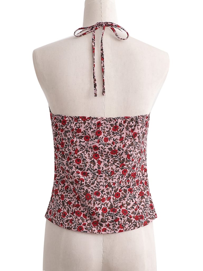 Women Floral Print Halter Camisole top with front Lace detail