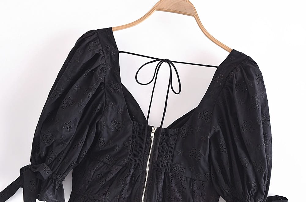 Solid Black Short Puff Sleeve Blouse with Bow Tie and Lace detail Cropped top