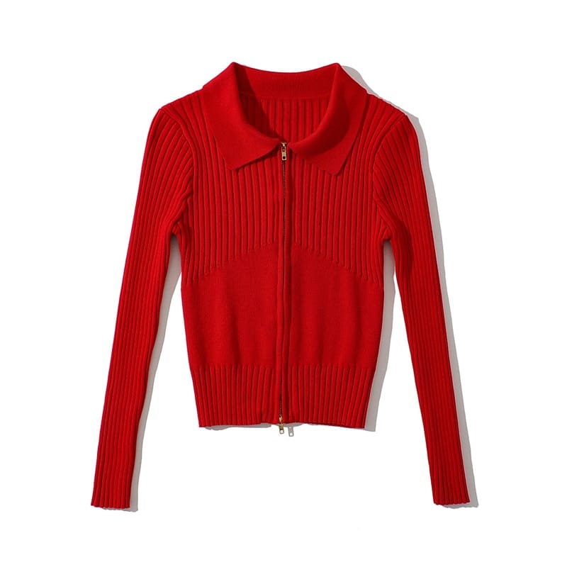 Women Solid Red Spread Collar Doal way Zip Knitted Jumper