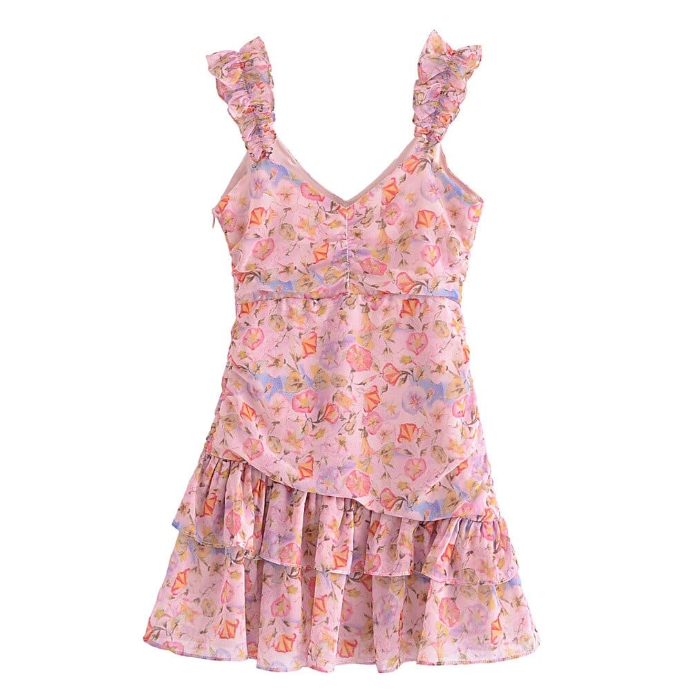 Women Pink Floral Print V Neck Sleeveless Mini Dress with Ruffles Hem detail
