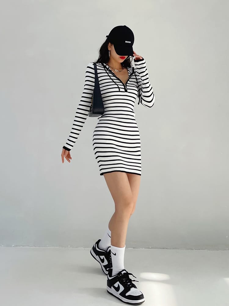 Women Black and White Striped Long Sleeve Drawstring Rib-knit Hooded Bodycon Mini Dress with Zip