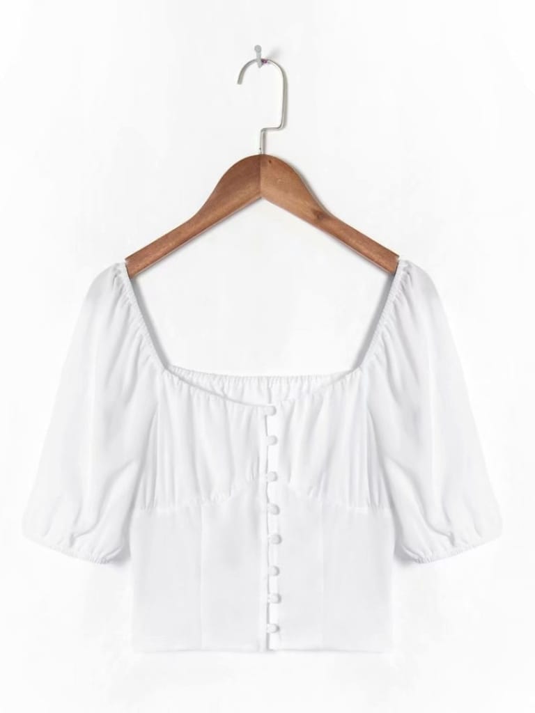 Women White Short Puff Sleeve Square Neck Corset Style Blouse with Center Buttons detail