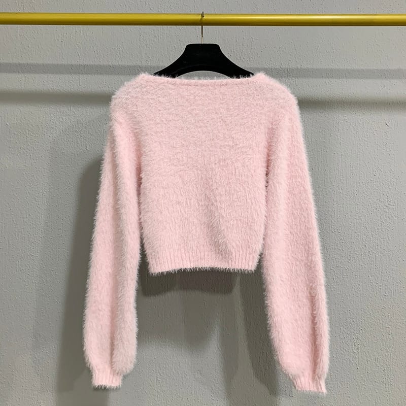 Women Pink Long Sleeve Fuzzy Cropped Cardigan Sweater with Flower Bottoms Detial