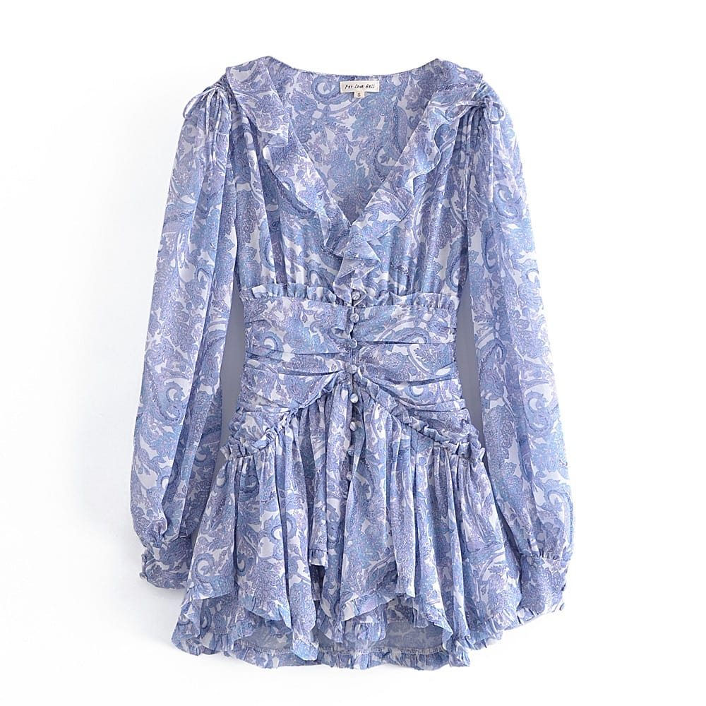 Women Blue Floral Print Chiffon Long Sleeve Mini Dress with Deep V Neck Ruffles and Center Buttons