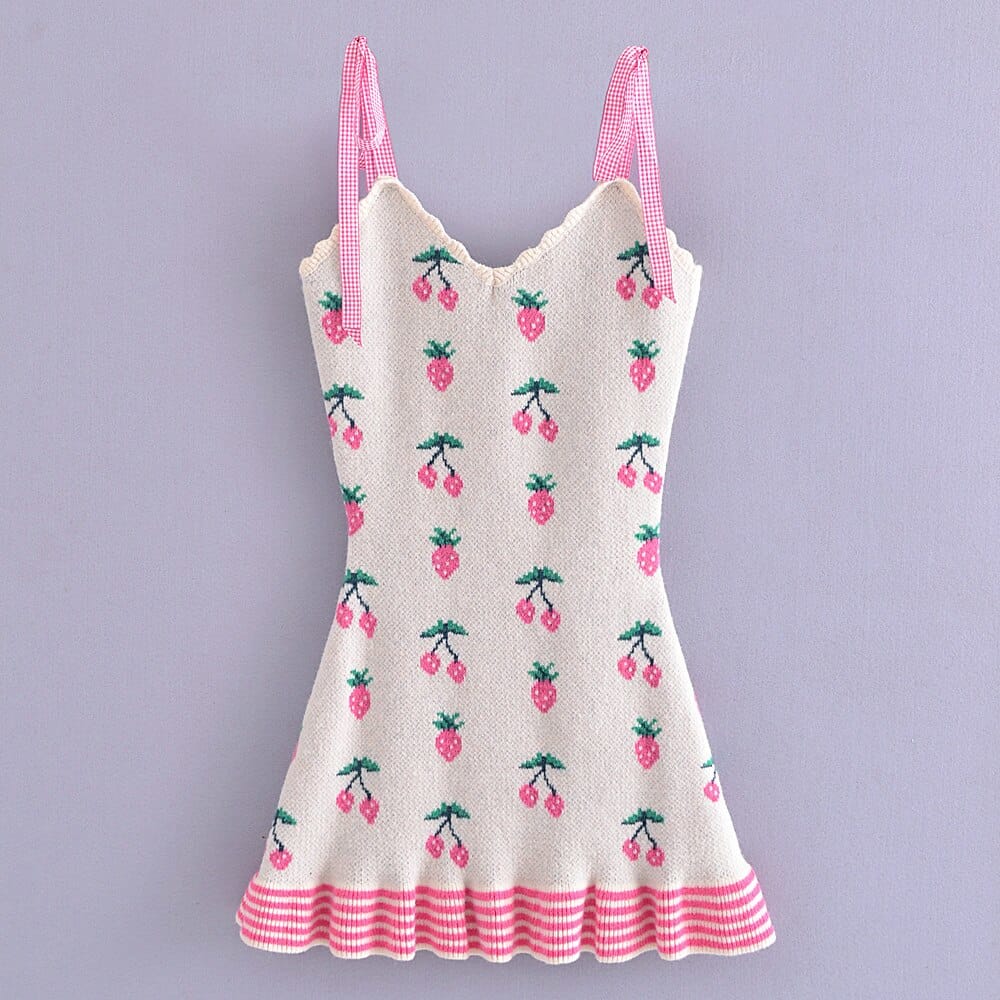 Women White Knitted Mini Dress with Strawberry Print and Tie Strap detail