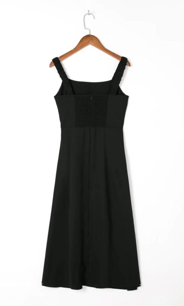Women Plain Black Square Collar Sleeveless Midi Dress with side Split and Elastic back detail
