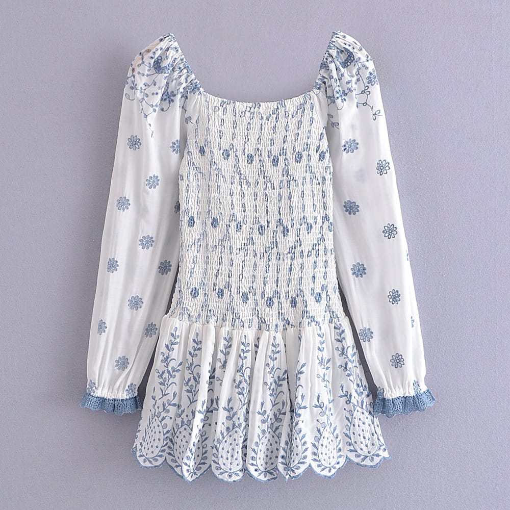 Women White Long Puff Sleeve Blue Flower Print Elastic Ruched Mini Dress with Ruffles Hem detail