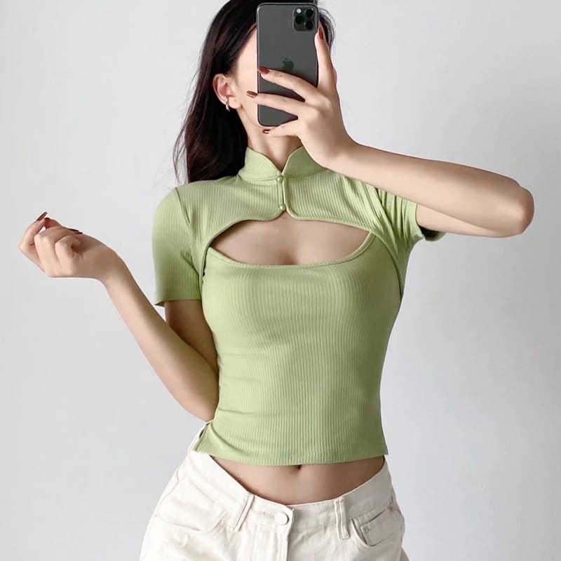 Women Short Sleeve Ribbed Mandarin Collar Cut out Center Cropped top Tee