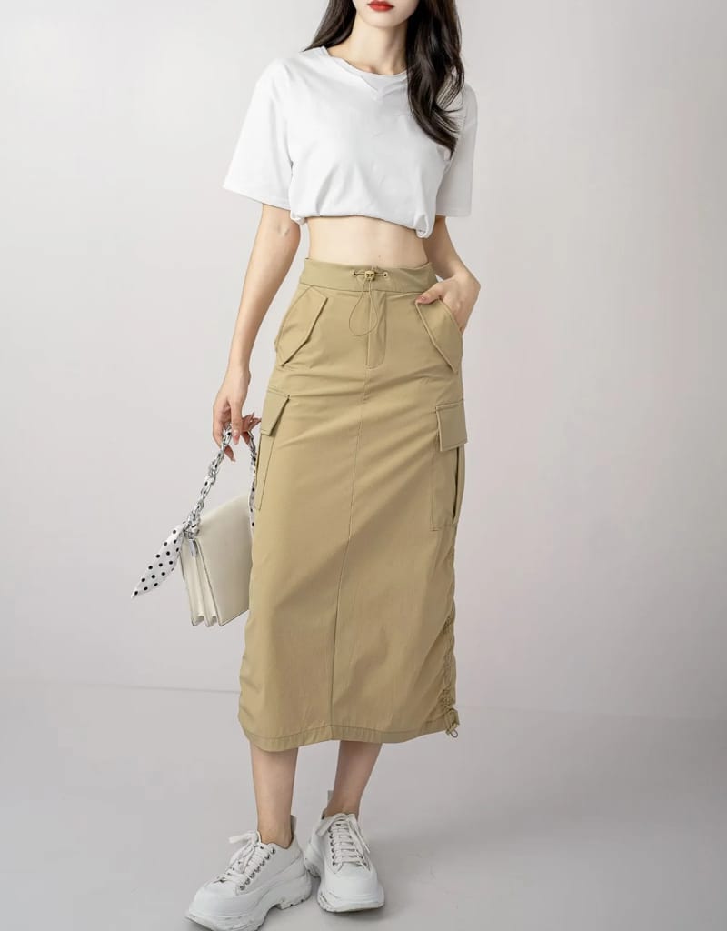 Sun-imperial - women grey ruched drawstring sides maxi cargo skirt