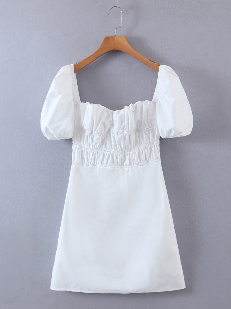 Women White Mini Dress with Short Puff Sleeve Square Collar and Elastic Ruched Bodice detail