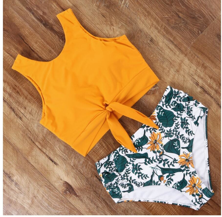 Knot front top with Dot High Waist Bikini Set new Prints 2022