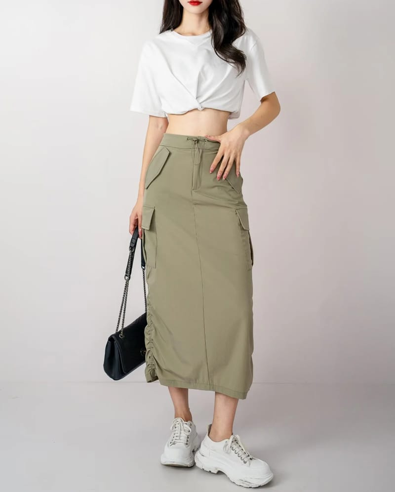 Sun-imperial - women grey ruched drawstring sides maxi cargo skirt