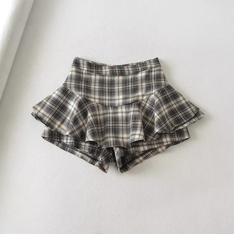 Women Plaid Checkered Mini Skirt with under Shorts and Frill detail