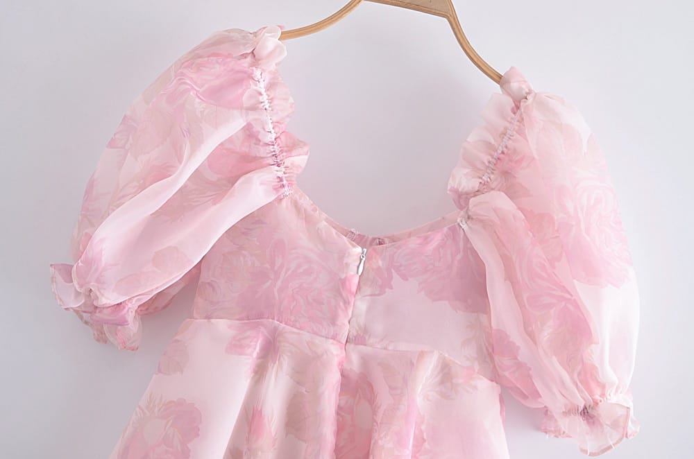 Women Pink Flower Print Organza Puff Sleeve Mini Dress