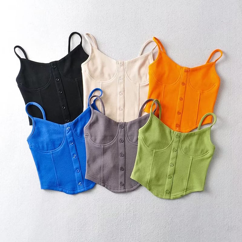 Women Button front Corset Style Cami Strap Tank top with Bust Seam and Hem detail