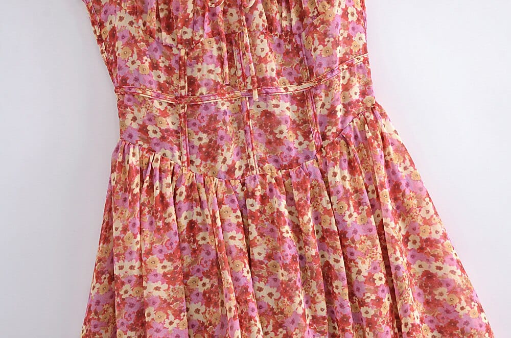 Pink Flower Print Ruched Bodice Corset Style Tie Cami Strap A- Line Mini Dress