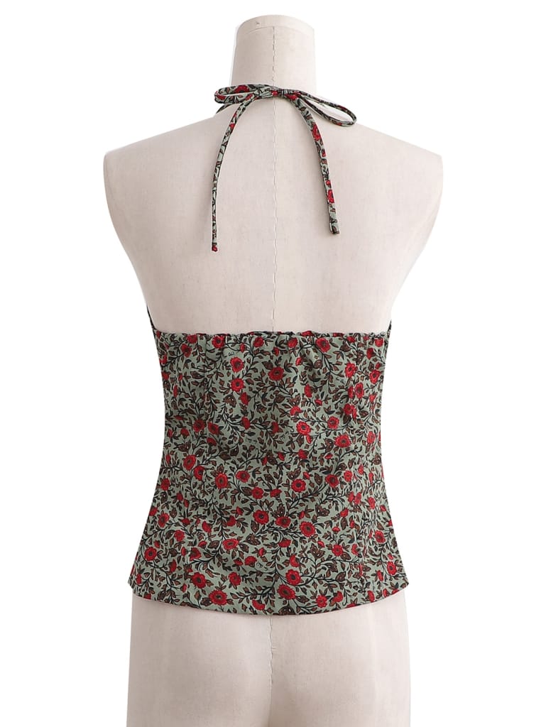 Women Floral Print Halter Camisole top with front Lace detail