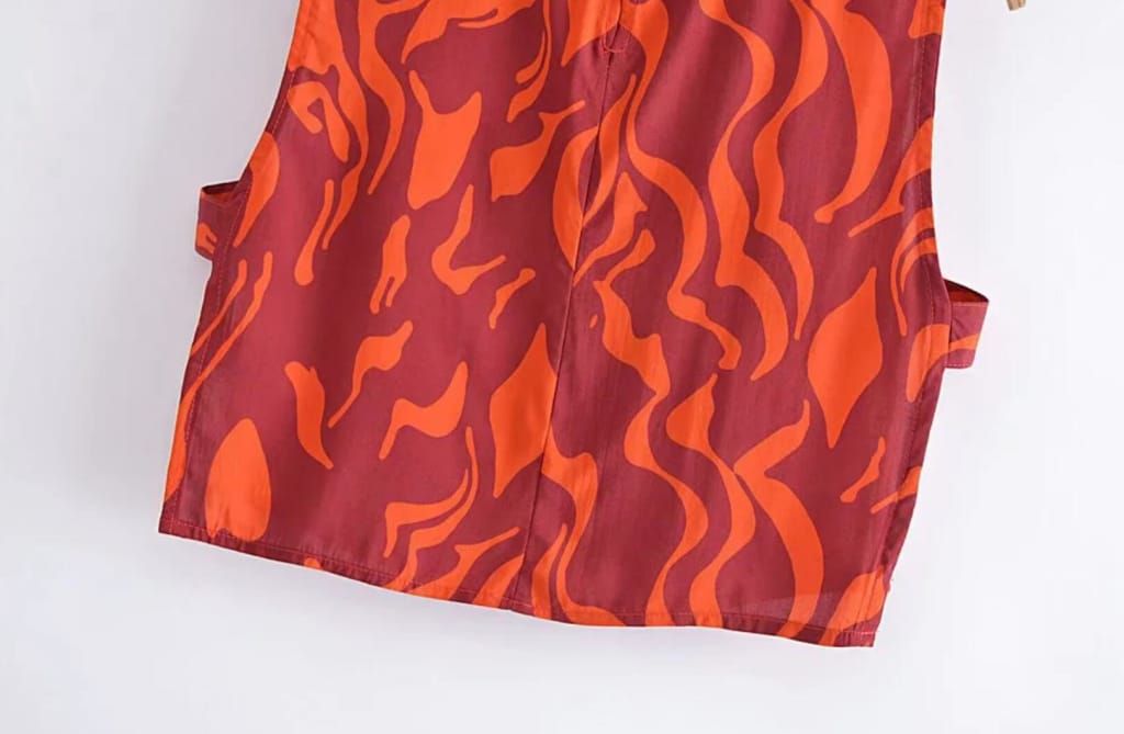 Women Orange Geometric Print Viscose Two Piece Skirt Set with Cut out side Cropped Tank top & Wrap