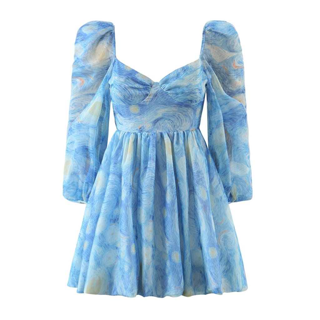 Spring Long Sleeve Blue Floral Print Spliced A-line Puff Mini Dress with back Bow Tie detail