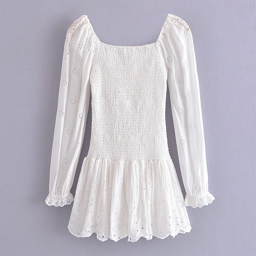 Women Plain White Long Puff Sleeve Elastic Ruched Mini Dress with Ruffles Hem detail