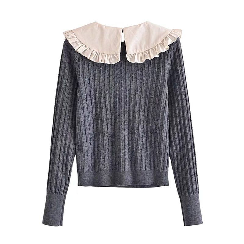 Women Black with White Lace Peter Pan Collar and Bow Tie Knot Knit Sweater Long Sleeve Pullover