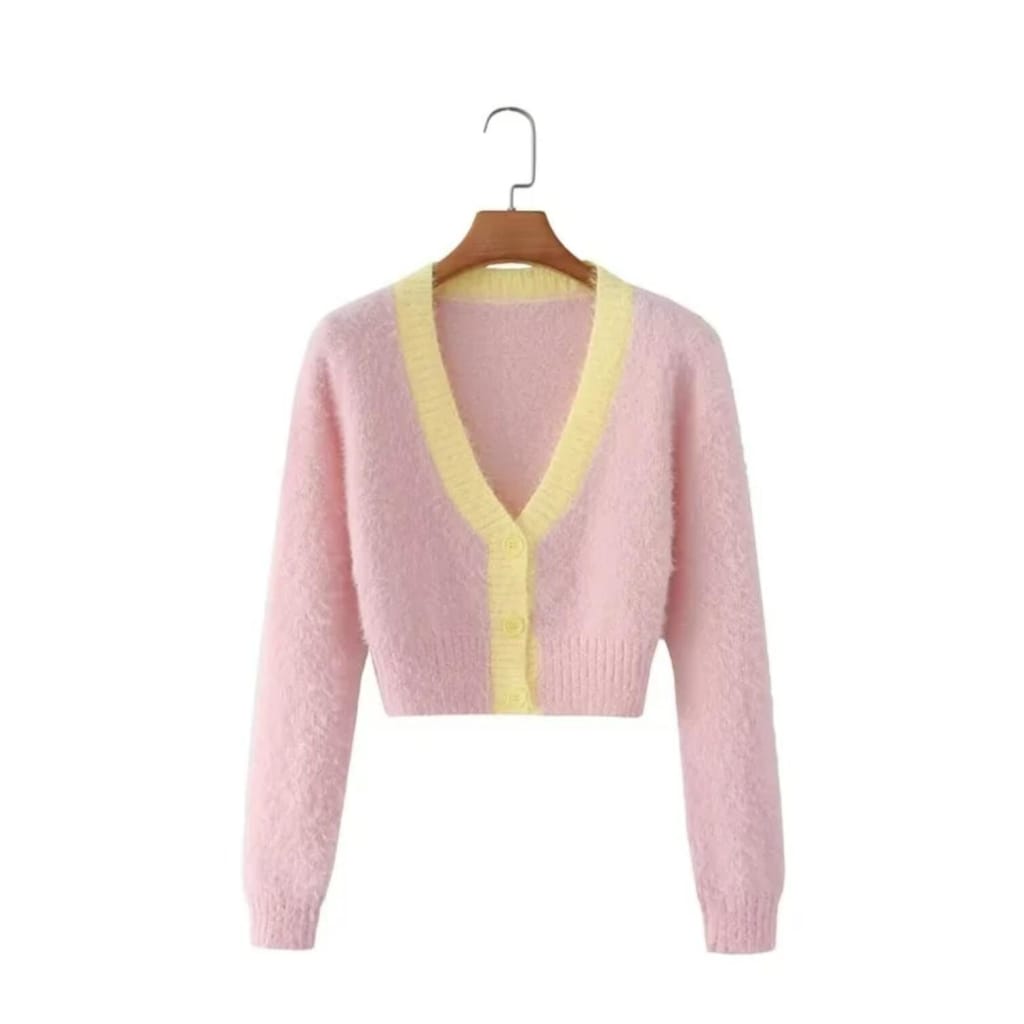 Women Pink with Yellow V Neck Knitted Puzzy Cropped Long Sleeve Single-breasted Cardigan Sweater