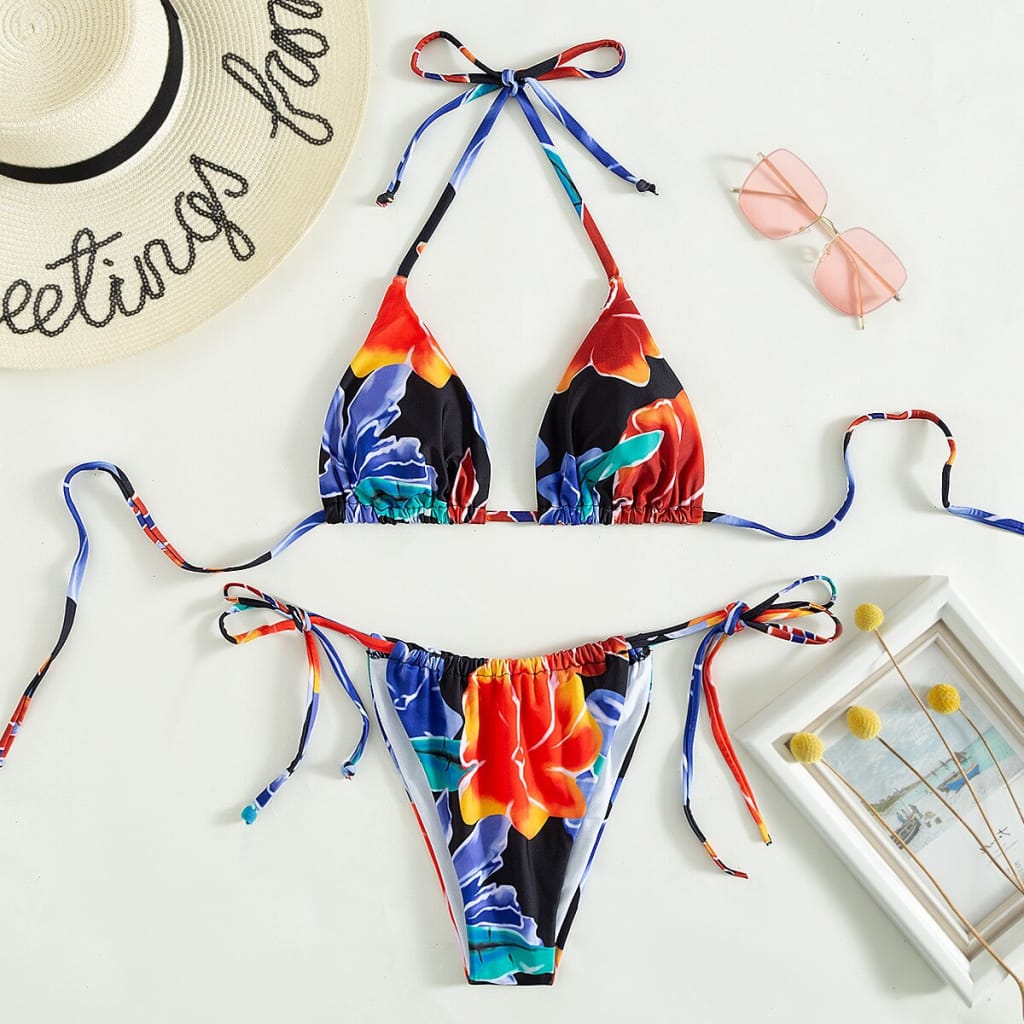 Women Floral Bikini Set Thong String Halter Padded Swimsuit