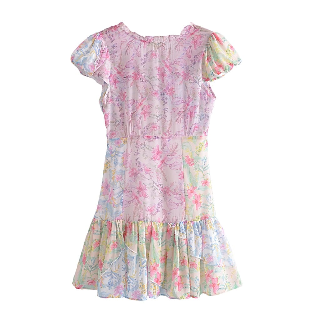 Women Floral Colorful Patchwork V Neck Sleeveless Mini Dress with Ruffles Hem Dtail