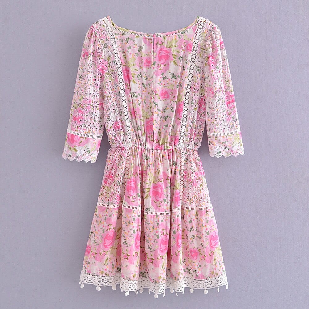 Women Pink Flower Print Backless Mini Dress with Lace and Tassel Hem detail