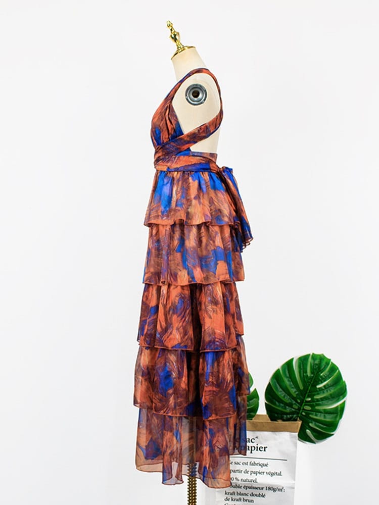 Women Orange Halter Maxi Dress with Blue Floral Print Layered Ruffles Hem and back Cross Tie