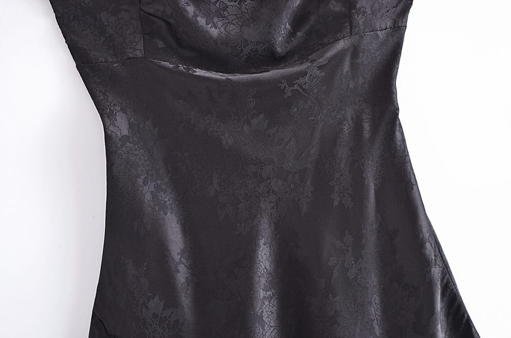 Women Black Sleeveless Jacquard Satin Draped Mini Dress with Criss Cross back Lace detail