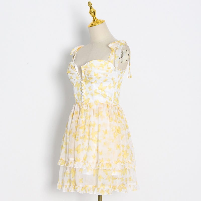 Women White with Yellow Butterfly Print Tie Cami Strap Spliced Neck Corset Style Layered Mini Dress
