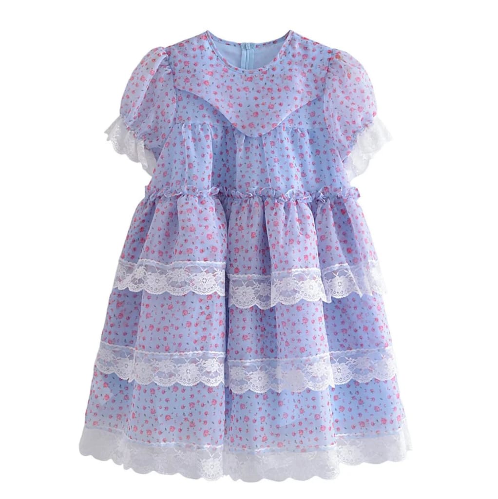 Purple Rose Print Organza Mini Dress with Short Puff Sleeve Lace detail