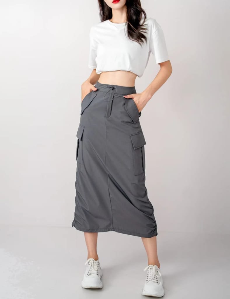 Sun-imperial - women grey ruched drawstring sides maxi cargo skirt