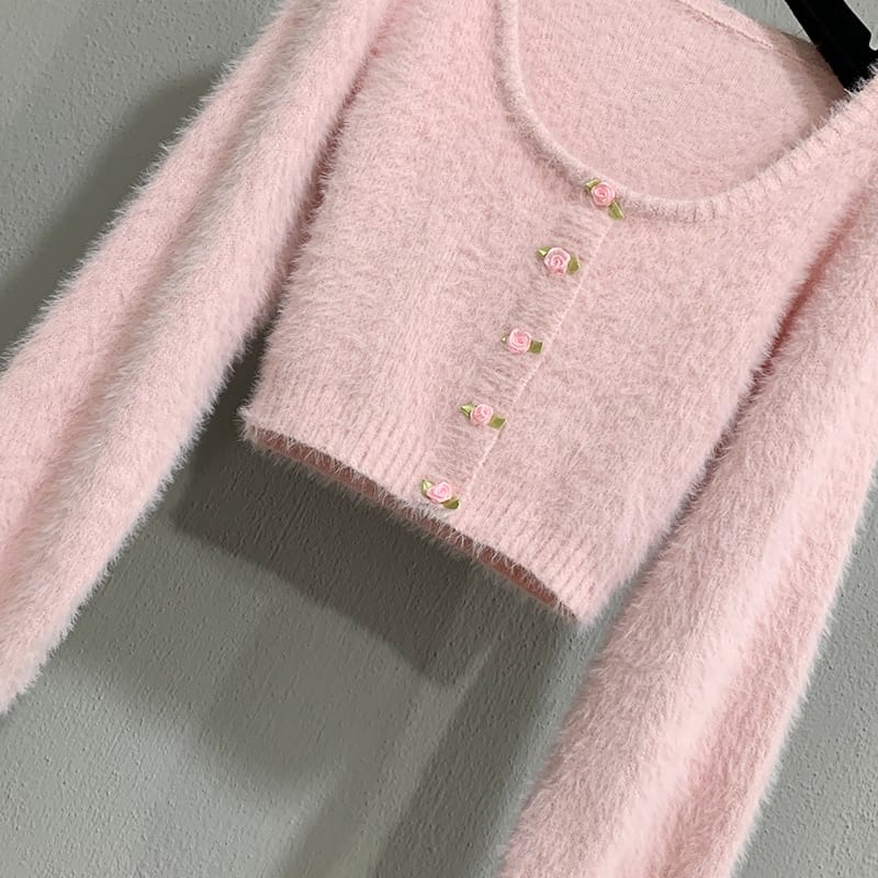 Women Pink Long Sleeve Fuzzy Cropped Cardigan Sweater with Flower Bottoms Detial