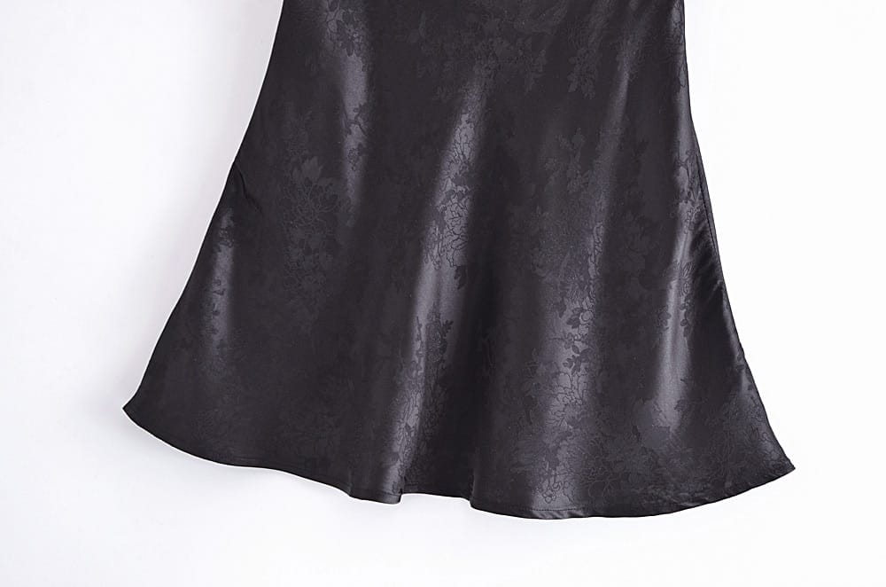 Women Black Sleeveless Jacquard Satin Draped Mini Dress with Criss Cross back Lace detail