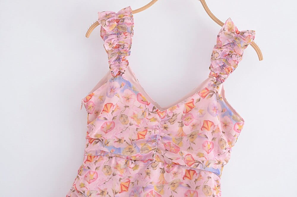 Women Pink Flower Print Ruffles Straps Mini Dress with V Neck and Hem detail