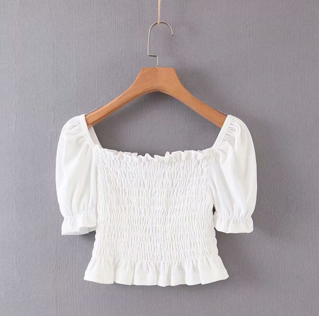 Vintage White Elastic Women Summer Blouse Square Collar Ruffle Flare Sleeve Crop top