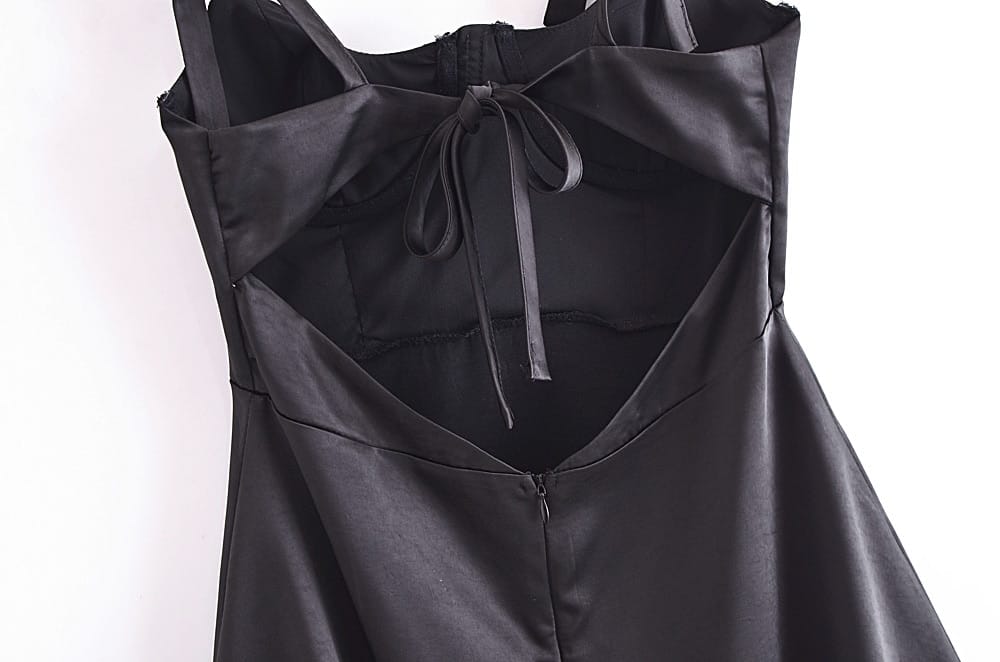 Women Black Satin Party Backless Mini Dress with back Tie Bow and Corset Style Bodice