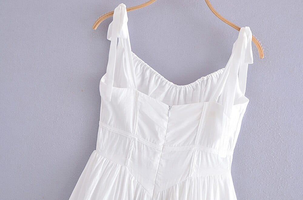 White Ruched Bodice Corset Style Tie Cami Strap A-line Mini Dress