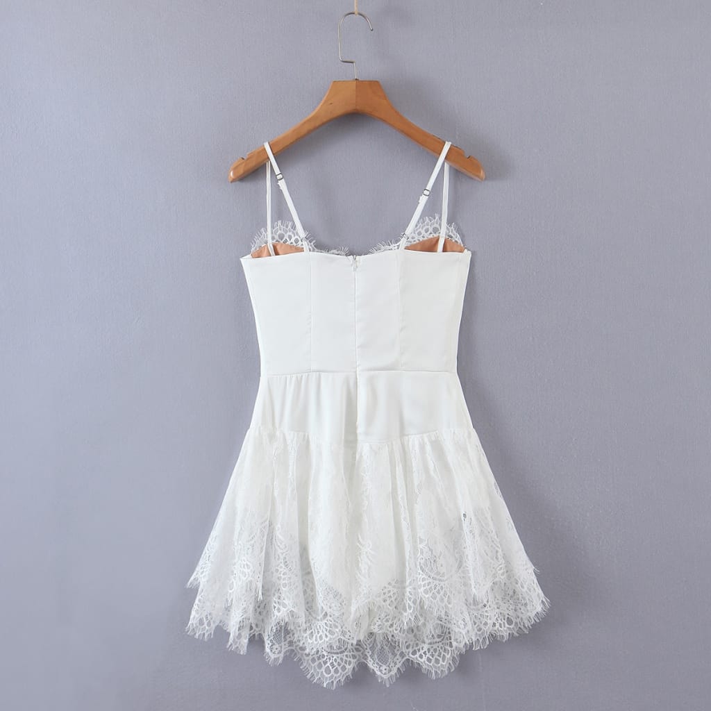 Women Solid White Cami Strap Pleated Hem Corset Style Mini Dress with Lace detail