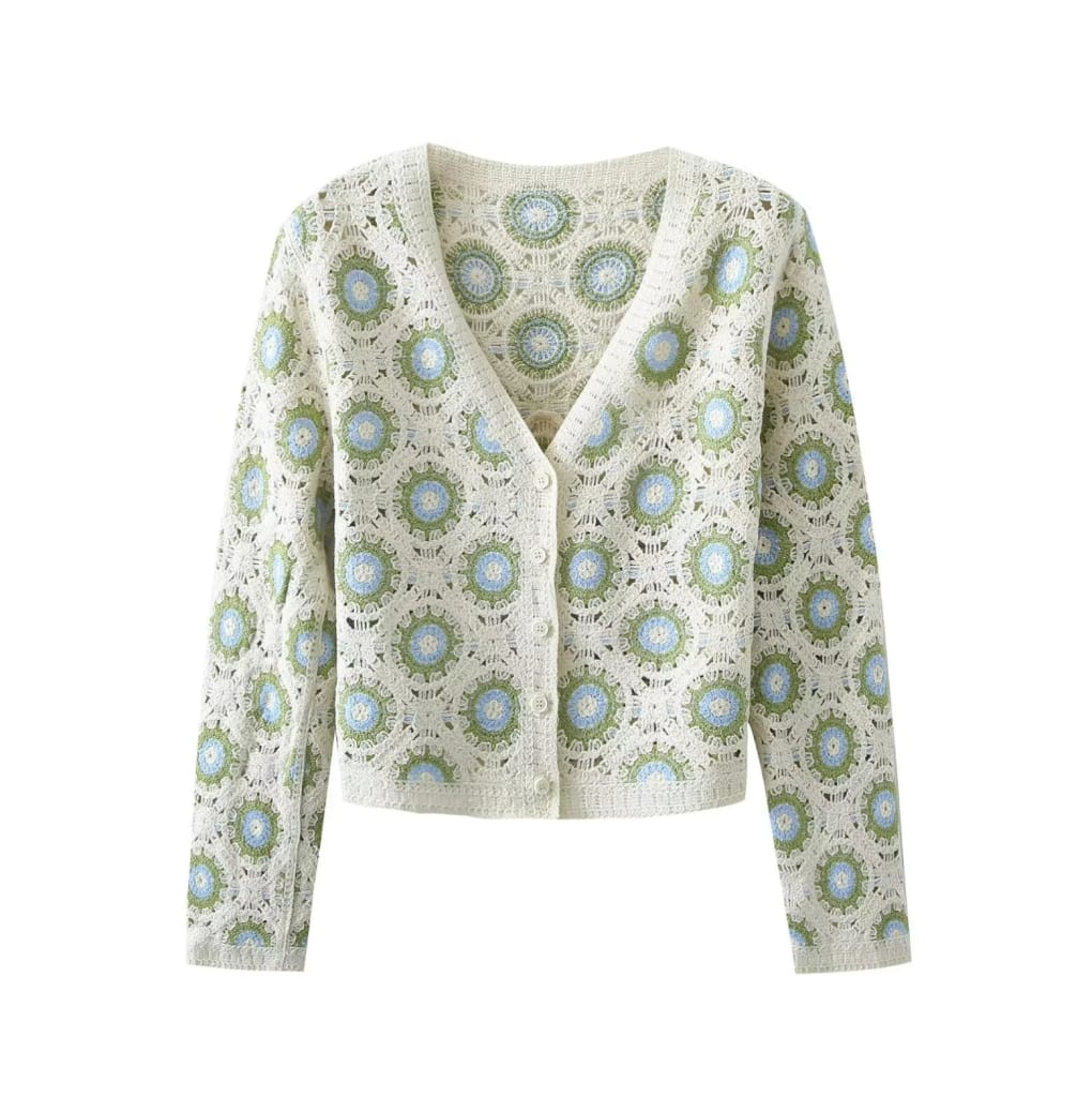 Women Crochet Green Knitted Long Sleeve Floral Cardigan Sweater