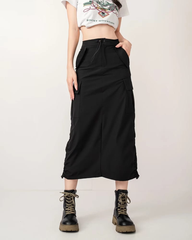 Sun-imperial - women grey ruched drawstring sides maxi cargo skirt