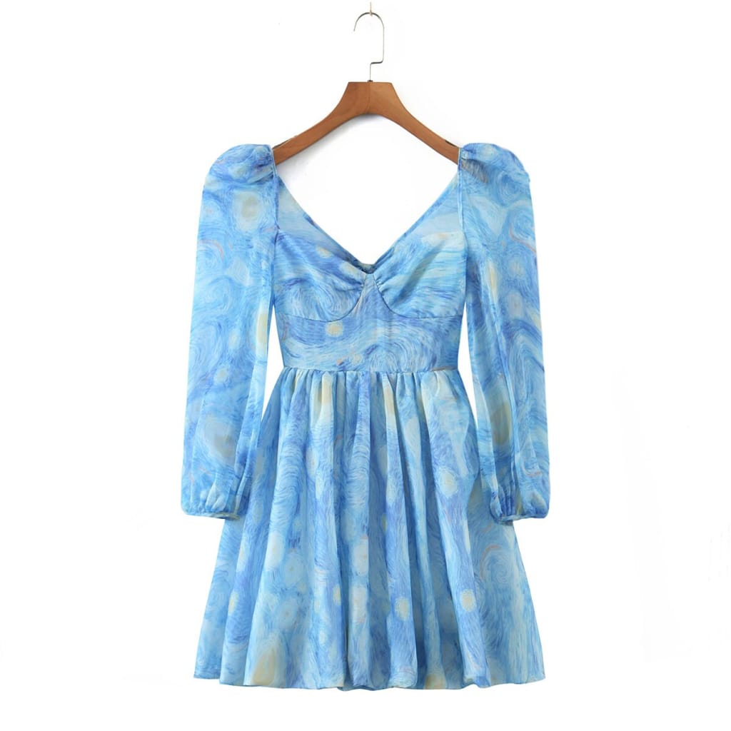 Spring Long Sleeve Blue Floral Print Spliced A-line Puff Mini Dress with back Bow Tie detail