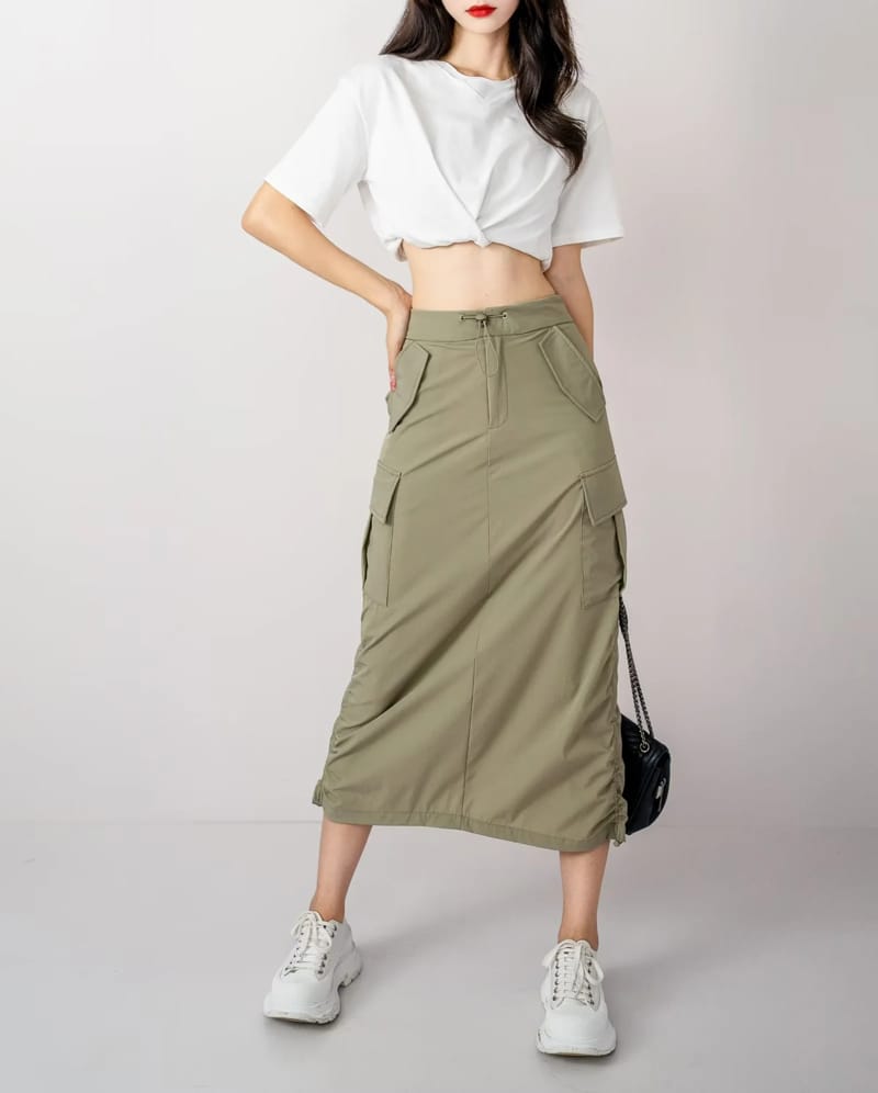 Women Grey Ruched Drawstring Sides Maxi Cargo Skirt with back Split