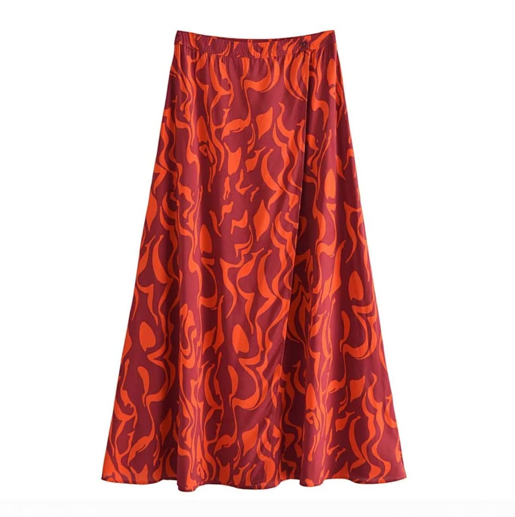 Women Orange Geometric Print Viscose Two Piece Skirt Set with Cut out side Cropped Tank top & Wrap