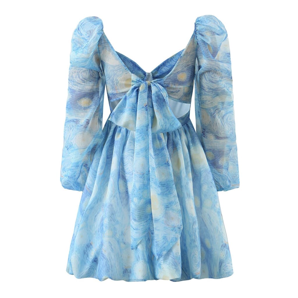 Spring Long Sleeve Blue Floral Print Spliced A-line Puff Mini Dress with back Bow Tie detail